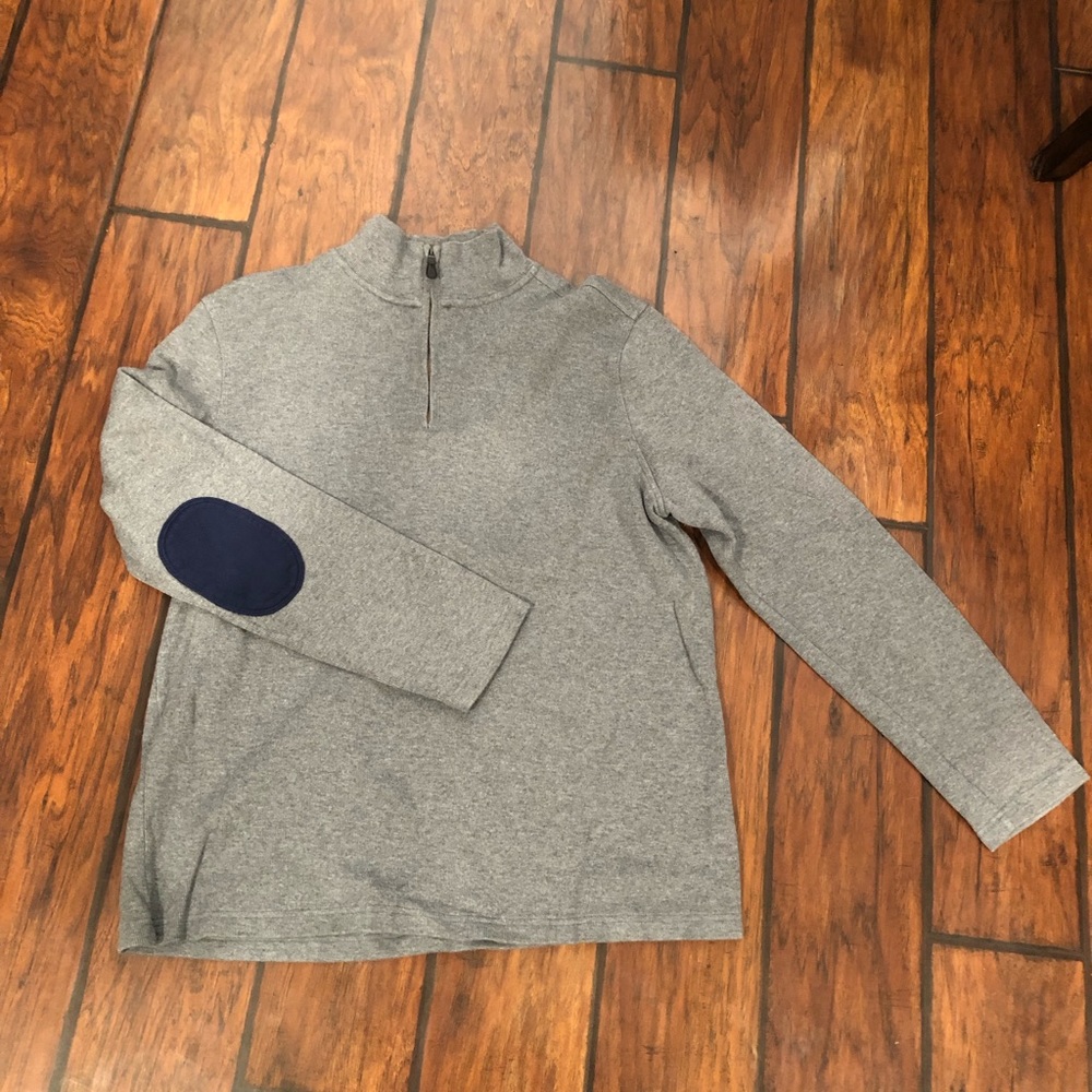 Mens gray sweater with navy elbow pads